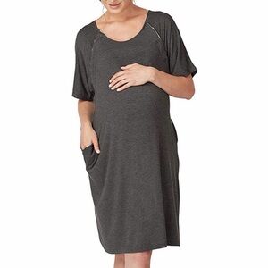 Frida Mom Gray Maternity Delivery Nursing Surgery Night Midi Gown Snaps One Size
